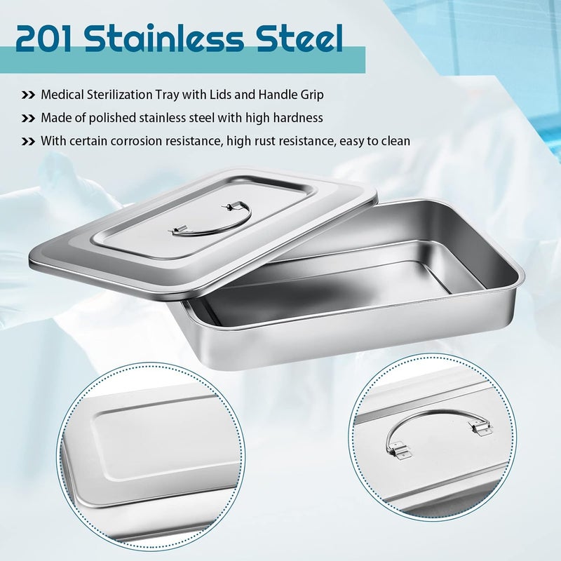 Fabbay Medical Surgical Trays 201 Stainless Steel Tray Dental Instruments Organizer Holder Sterilized Metal Box with Lid and Handle Grip for Medical Surgical Dental Instruments(12 Inch) - Image 3